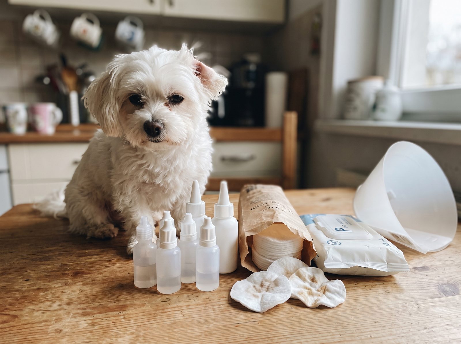 A small white dog on a kitchen table beside dropper bottles, used cotton pads and a plastic cone