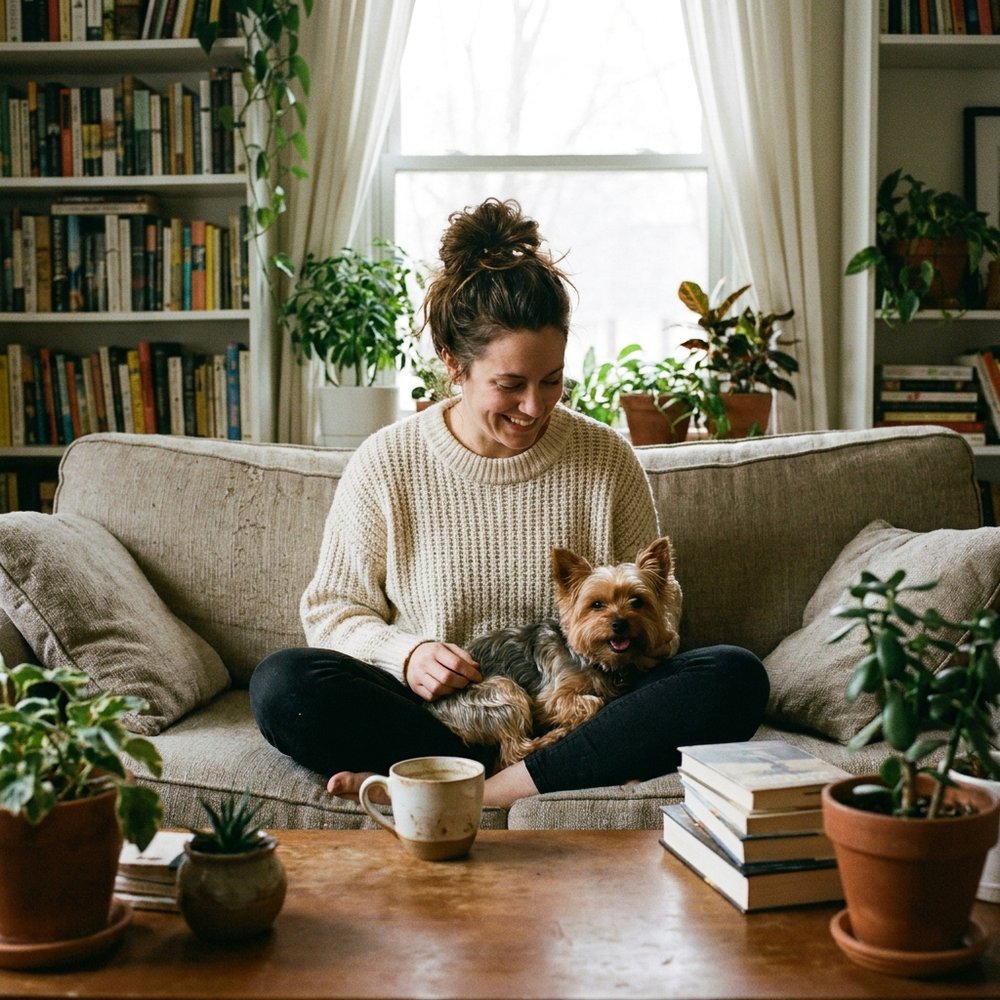 A happy Yorkie in her owner's lap at home