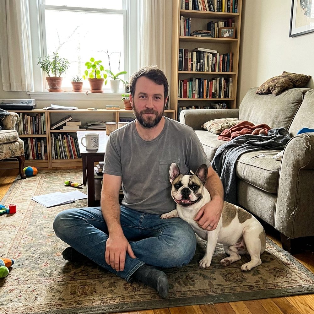 A dog dad with his happy French Bulldog at home
