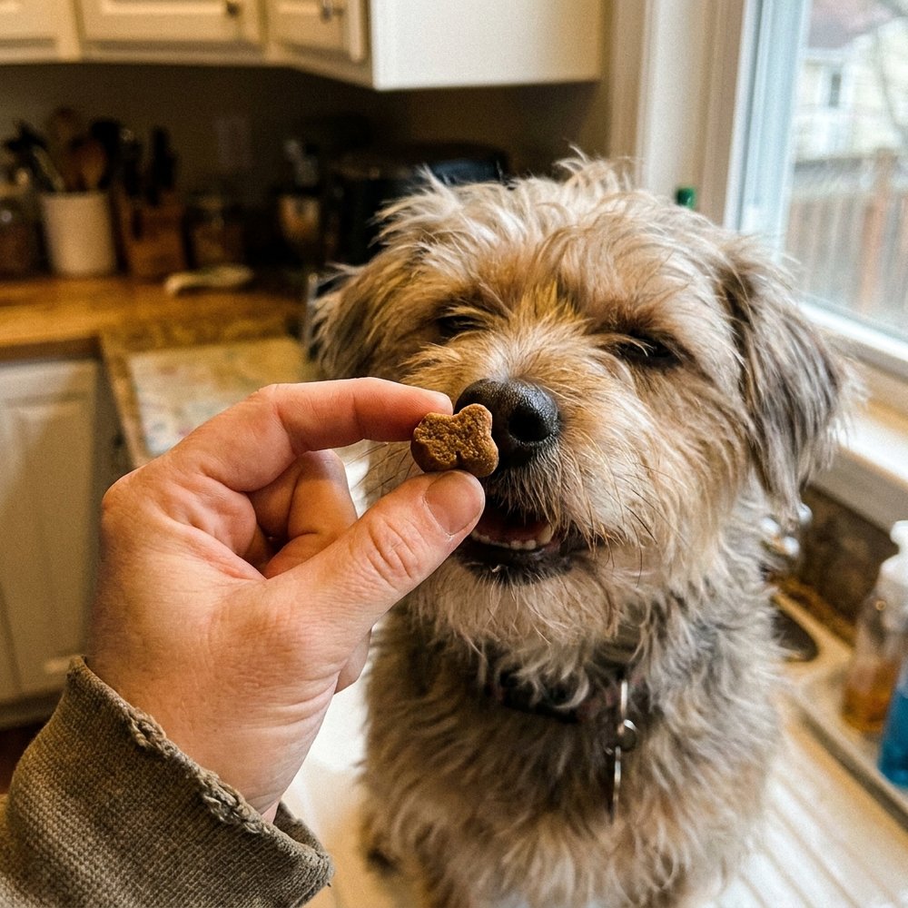 A small dog taking a single Small Dog Co. chew