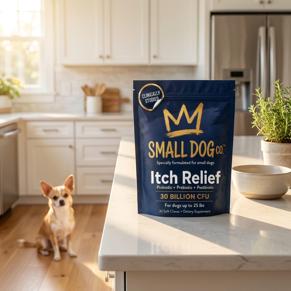 Small Dog Co. Itch Relief pouch on a kitchen counter with a small dog