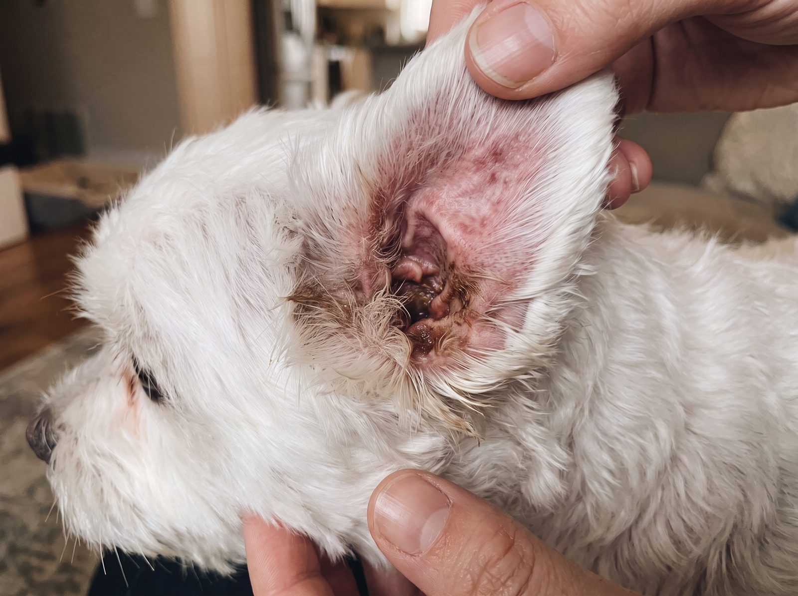 A small dog's irritated, waxy inner ear held open