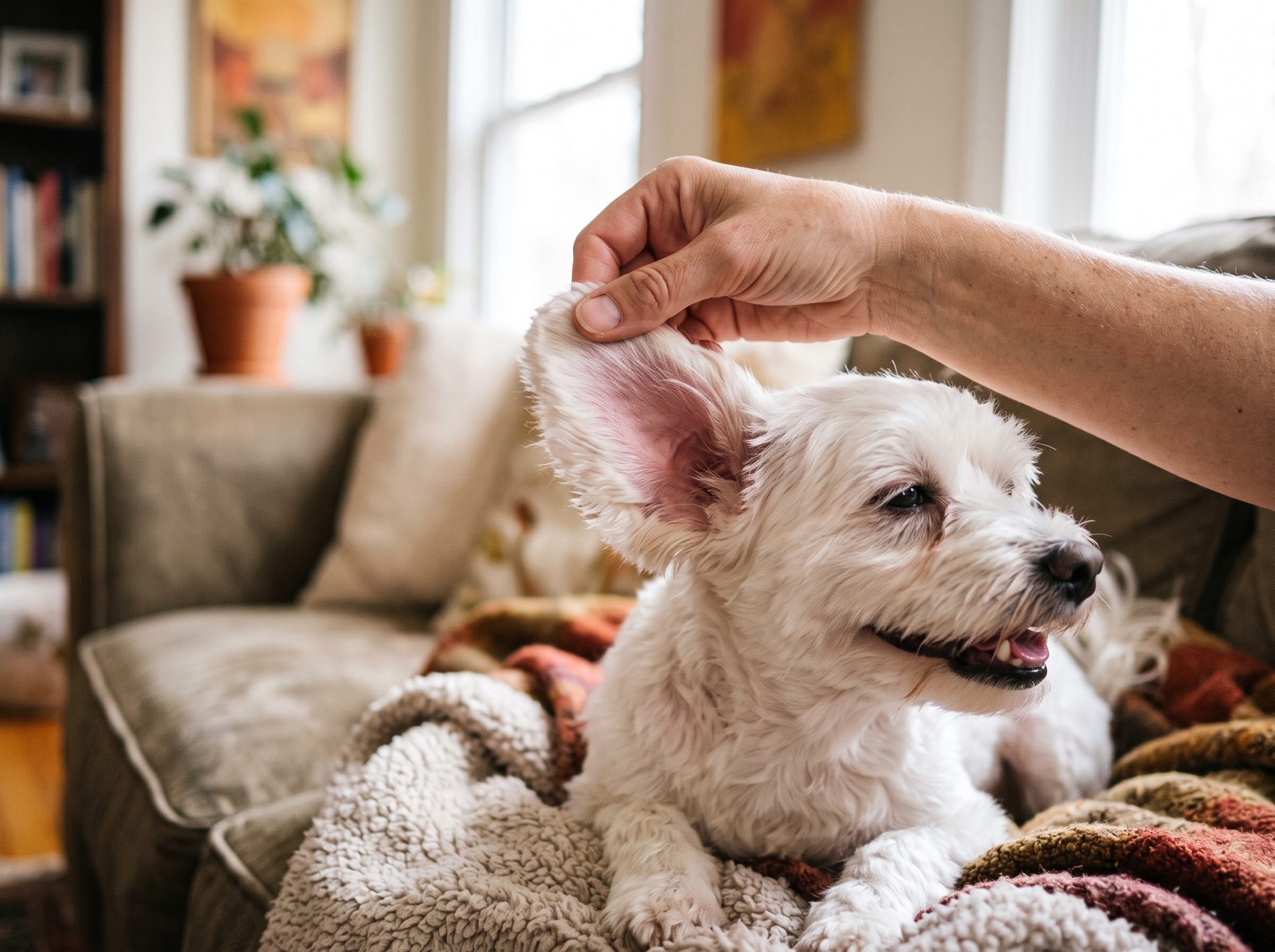 A hand gently lifting a happy small dog's ear to show a clean pink inner ear