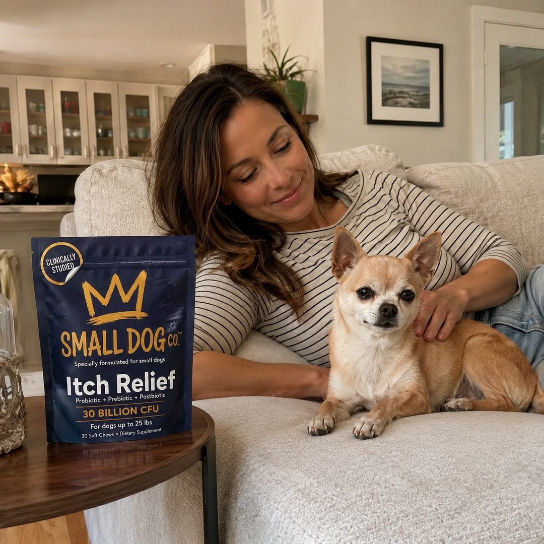 Small dog resting calmly beside her owner with the Small Dog Co. Itch Relief pouch nearby