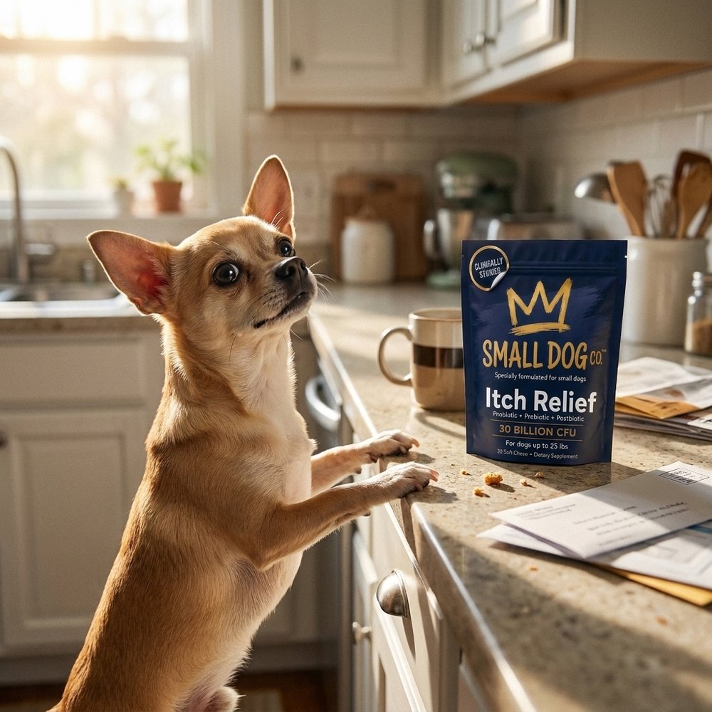 A Chihuahua at the kitchen counter with the Small Dog Co. pouch